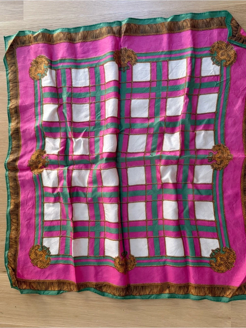 Pink and Green Plaid Silk Scarf with Gold Accent Motifs